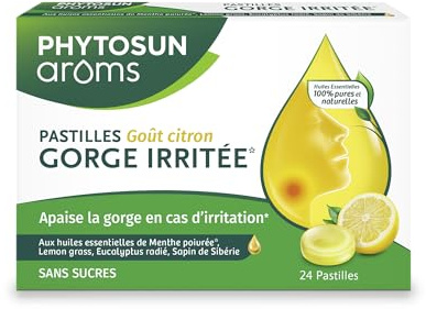 Phytosun Arôms - PASTILLES GORGE IRRITÉE*- Goût Miel - Huiles Essentielles - Menthe poivrée* - Adoucit et Apaise la gorge* - SANS SUCRES - 24 Pastilles, 60g