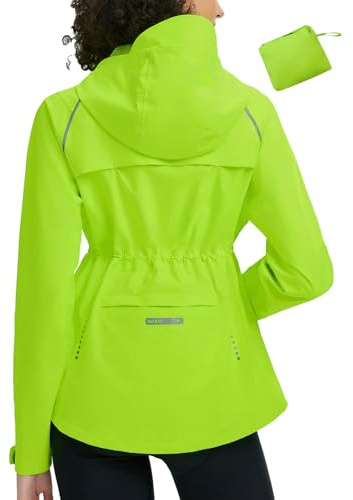 baleaf Women's Cycling Rain Jackets Waterproof Windbreaker Packable Lightweight Running Jacket Hiking Gear Reflective Hooded Fluorescent Green XXL