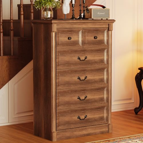 Concho Farmhouse 6 Drawers Dresser for Bedroom, Tall Wood Chest of Drawers with Spacious Storage Space, Rustic Storage Dressers Organize, TV Stand for Living Room, Bedroom, Rustic Brown