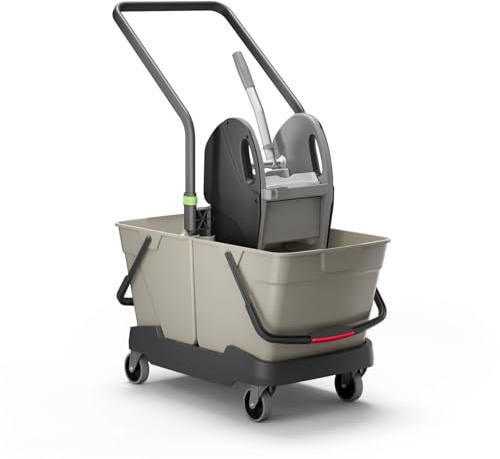 Cubex Professional Carrello delle Pulizie Professionale a 2 Secchi da 25L – Grigio Seta, Maniglione Ergonomico, Strizzatore New Line a Ganasce, Ruote in Metallo, Base Nera e Clip Accessori