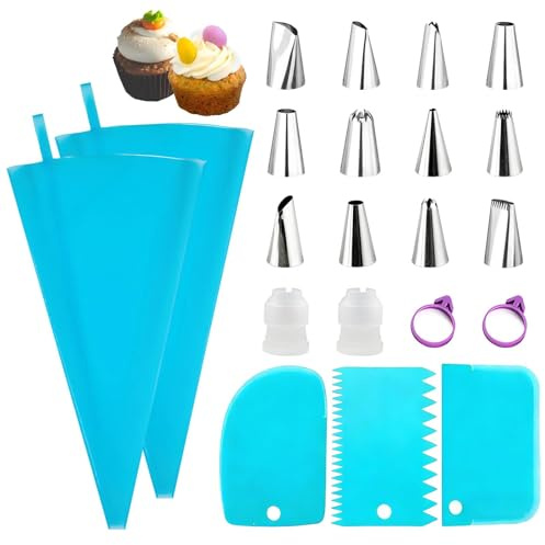 21 Pcs Piping Bags and Nozzles Set, Cake Decorating Kit, Icing Bags and Nozzles Set, Piping Bag Reusable, for Wedding Party Birthday Cake Decoration, Dessert Making, Suitable for Beginners, Blue