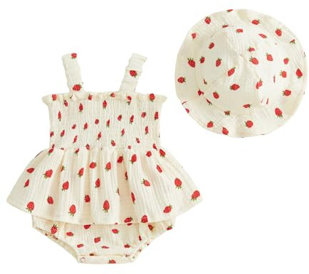 Himllauen Newborn Baby Girl Summer Outfit Infant 2 Pieces Cotton Clothes Set Sleeveless Cute Casual Floral Romper Dress + Bucket Hat (Beige, 3-6 Months)