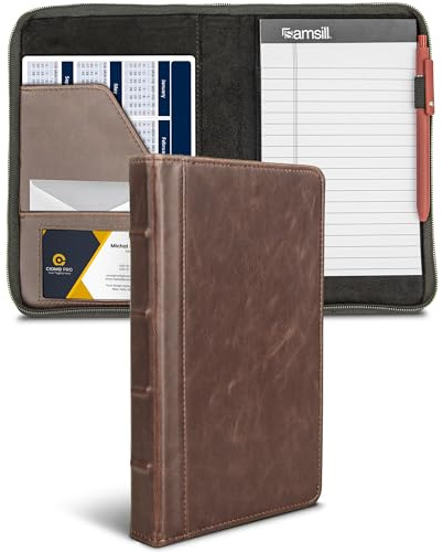 Samsill Small Vintage Portfolio/Zipper Faux Leather Portfolio, Book Style Hardback Design, Business & Interview Padfolio Organizer, Holds 5 x 8 Writing Pad, Dark Brown