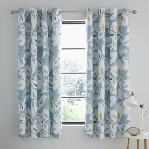 Catherine Lansfield Inga Leaf 66x72 Inch Lined Eyelet Curtains Two Panels Teal Green