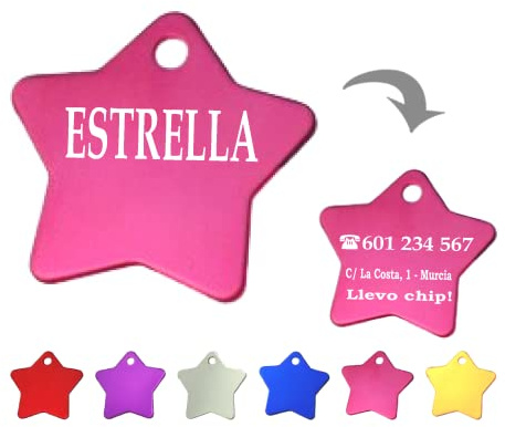 Ibera gifts - Medaglietta Cane Personalizzata Targhetta Cane con Incisione a Forma di Stella per Collare, in Alluminio Lucido, Dimensioni 36x36 mm (Fucsia)
