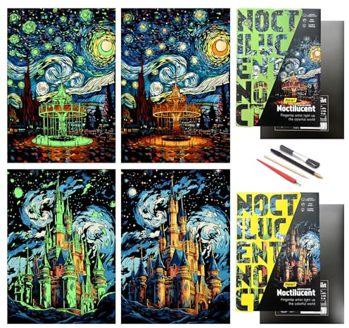SiYear Scratch Paper Art,Scratch Painting World Famous City DIY Night View Scratchboard for Adults with 4 Tools,Size 11.2''x16'' (Castle + Amusement Park)