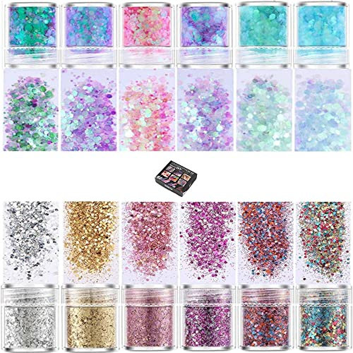 12 Farben Glitzer Set, Glitzerpulver für Epoxidharz Glitzer Basteln Fein Klobig Gemischt Glitzerpuder Art Glitter Kit zum Basteln für Nägel Resin, Farbe Handwerk Wachsschmelzen Make-Up Gesicht DIY