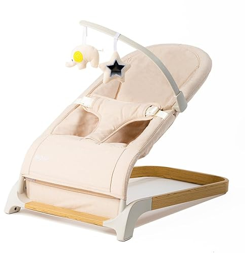 BEBE2LUXE : Ergonomische Babywippe für Neugeborene ab Geburt bis zum Kleinkind, Babyschaukel Mila Farbe Beige und Holz