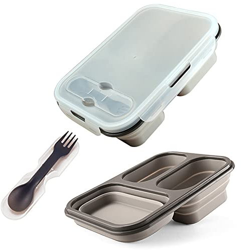 alouweekuky Faltbare Bento Box - Leak-proof Auslaufsichere Bento Lunchbox Brotdose aus Silikon Faltbare Lunchbox Lebensmittel mit drei Fächern und Löffel und Gabel für Erwachsene/Kinder (Grau)