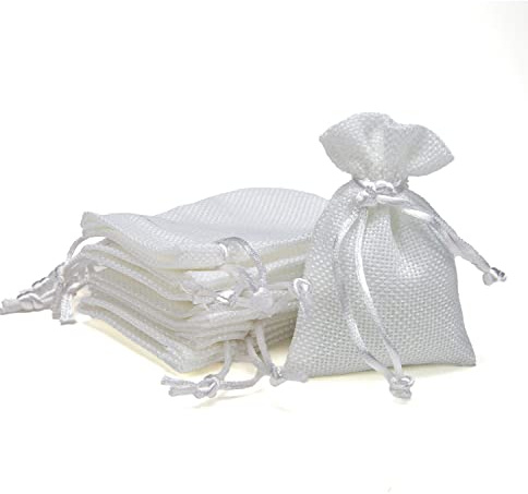Baratti 50 Pezzi Sacchetti Juta Con Tirante, Ideale Per Bomboniere, Fai Da Te, Porta Oggetti, Confetti, Caramelle, Regalo, Matrimonio, Natale, Festa (7X9, Bianco)