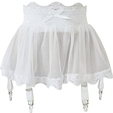 ROSVAJFY Women Lace Garter Skirt Sheer Mesh Corset Mini Skirt + Knickers | Sexy Lace-Up Back Suspender Skirt + Panty 2 Piece Set, Gothic Lolita Suspender Lingerie Outfit for Club Cosplay Fancy Dress