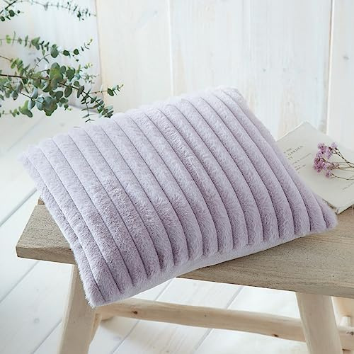 Appletree Mauve Faux Fur Cushion 43x43cm – Super Soft Lilac Stripe Pillow – Filled Decorative Cushion with Zipped Cover – Fake Rabbit Fur – Purple Accent for Sofa, Bed or Chair