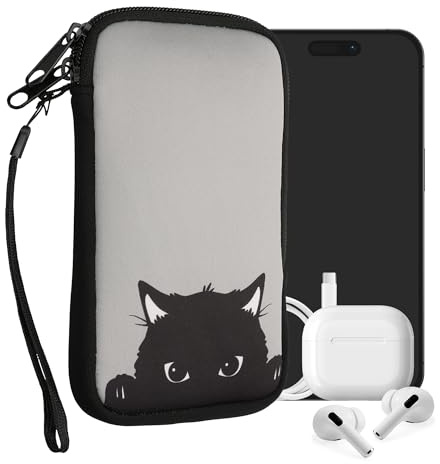 kwmobile Neoprene Sleeve for Smartphone Size L - 6.5 - Shock Absorbing Pouch Case - Protective Phone Bag - Curious Cat Grey/Black
