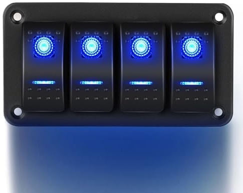 Gebildet 4-vägs Vippomkopplarpanel 12V 24V DC Blå Strömbrytare Aluminiumpanel 5Pin ON Off Prewired Växlingspanel Vattentät
