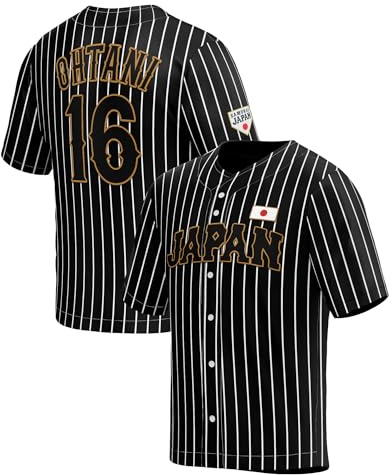 GHOSTWEAR UNLC - Maglia da baseball Ohtani 16# Giappone da uomo a righe nere - lettere e numeri cuciti, abbigliamento autentico per fan, poliestere traspirante, taglia M