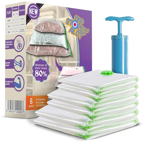 Sir Stores'alot Heavy Duty Vacuum Storage Bags With Pump - Space Saver for Duvets, Bedding, Pillows, Clothes - Medium, Large, Jumbo Bags for Travel - 6 Pack