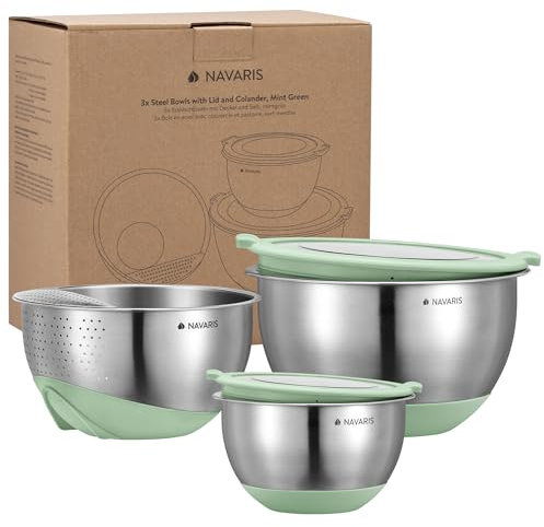 Navaris Set 3 Bol Acero Inoxidable - Juego de 2X Bowls Cocina con Tapas y 1x Colador para Ensalada Preparar Servir Comida - Cuencos Cocina 2 tamaños - 2X Bowl Ensalada y Colador