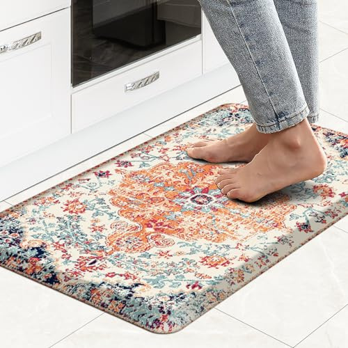 MAYHMYO Boho Kitchen Mat Anti Fatigue Ethnic Kitchen Cushioned Floor Mat Orange Blue Kitchen Rugs Non Slip Cool Rugs for Kitchen Floor Office