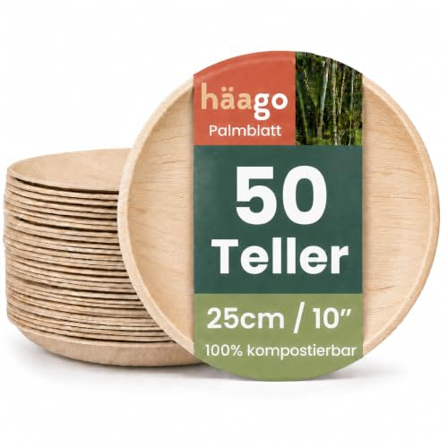 HAAGO 50 Disposable Palm Leaf Plates 10 Inch / 25cm – Large Dinner Plates