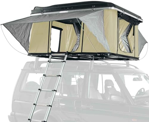 Prime Tech | Hartschalen-Autodachzelt Nevada Pro 210x135 cm Schwarz/Sand | 3D-Mesh & 6cm Matratze | Ripstop-Zeltstoff | Automatik-Öffnung | Hardshell Dachzelt 47 kg