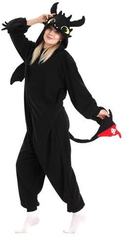 PENGMAI - Costume da drago in un pezzo per uomo e donna - Tuta animale per adulti - Costume per Halloween e cosplay, Drago nero, M
