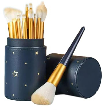 Makeupborstset 12 delar, rosa sminkborste-set, resesminkborstar set med fodral, syntetisk fiber foundation rouge concealer (blå + sminkborstväska)