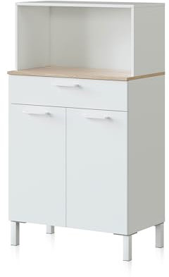 duehome | Alacena de Cocina, Mueble Auxiliar 2 Puertas + 1 Cajon y Estante Interior, Modelo Colin, Acabado en Blanco Artik y Roble Canadian, Medidas: 72 cm (Ancho) x 126 cm (Alto) x 40 cm (Fondo)