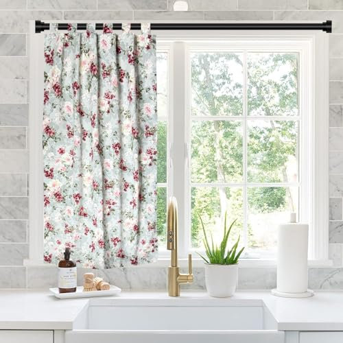 MORE FREE-Cortina Cocina de Estilo Español con Tirantes,Tela Opaca Máxima Privacidad para Comedor,50% Algodón 50% Poliester Flor Rojo y Rosa 90x145cm 1 Paneles