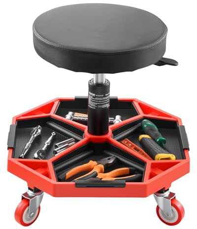 VEVOR Tabouret d'Atelier Mobile, Tabouret de Mécanicien sur roulettes Capacité de Charge 136 kg, Hauteur Réglable, avec Plateaux à Outils, pour Entretien Réparation Automobile Garage, Noir et Rouge