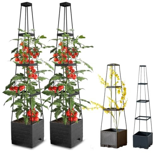 Obelisco di sostegno per pomodori con fioriera, fioriera per pomodori in vaso 2 pezzi con traliccio per pomodori e piante rampicanti, fioriera a torre per pomodori con serbatoio d'acqua