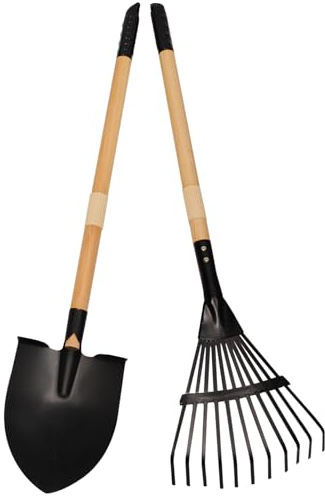 POMIKU Kids Rake and Shovel Set, 2Pcs Garden Tools Metal Head with Wooden Handle, Great Gardening Gifts for Boys Girls Age 3 and Up
