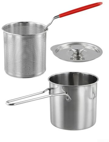 Juego de freidora de grasa profunda con cesta coladora y mango extendido, acero inoxidable, olla freidora profunda con tapa, freidora pequeña para ahorrar aceite, para freír pescado, camarones, pollo