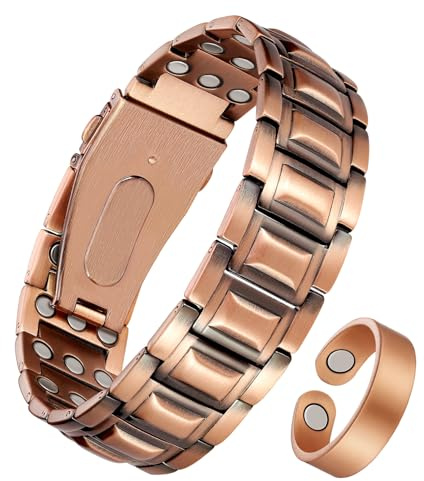 Jeracol 3X Strength Magnetic Copper Bracelet for Men - 99.9% Pure Copper Bracelet & Ring Set - Premium Fold-Over Clasp and Adjustable Length Sizing Tool & Jewelry Box