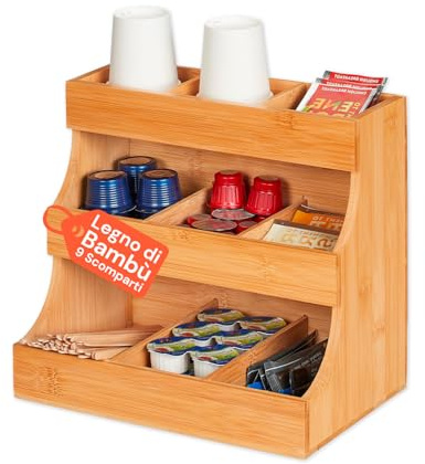 Avilia Organizer in Bambù con 9 Scomparti – Porta Capsule Caffè e Portacialde, Alzatina Cucina Salvaspazio per Bustine Tè, Tisane e Zucchero – Contenitore Multiuso per Cucina, Ufficio e Bagno