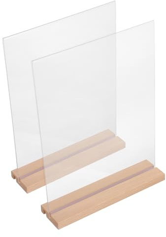 POPETPOP Lot de 2 Sets de Porte-panneaux en Acrylique Double Face Forme L et T, Support de Menu Transparent 21,6 X 27,9 Cm avec Base en Bois, Porte-affiches de Table Stable pour Bureau,