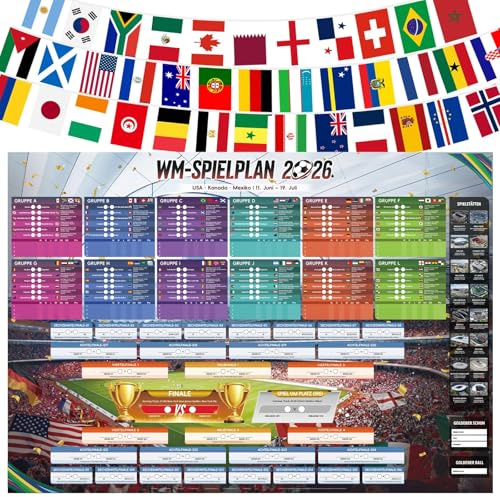 Calendario 2026 Poster Dei Mondiali, Calendario Dei Mondiali, Calendario Completo, Decorazioni Con Bandiere Colorate Da 15 M, 100 X 70 Cm, Per Tifosi Di Calcio, Regali E Feste A Tema (B)