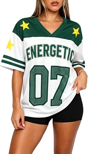 tiorhooe Jersey Tops for Women Number Graphic Oversized V Neck Tee Shirts | Streetwear-Inspired Star Print, Striped Sleeves, Soft Breathable, Relaxed Fit, Easy-Care, Machine Washable, Versatile, Comfy