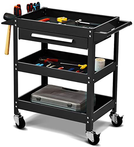 COSTWAY 3 Tier Tool Trolley, Metal Rolling Workstation with Large Drawer and Hanging Rack, Home Workshop Garage DIY Storage Service Cart Holds up to 150KG (Black)
