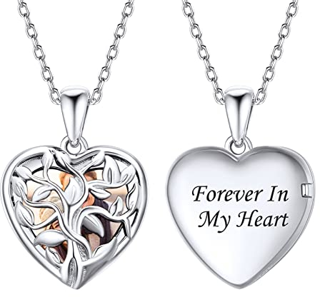 Silvora Individueller Herz Foto Anhänger Lebensbaum Medaillon Kette Zum Öffnen für Bilder Silber Foto Medaillon in Weißgold mit 41cm+5cm Kette