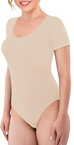 VEDATS Damen Body Kurzarm Rundhals Bodysuit T-Shirt Unterhemd (L, Hautfarben)