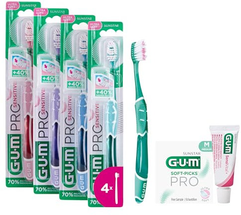 Brosse à dents GUM PRO SENSITIVE | brins ultra-doux pour dents et gencives sensibles | tête compacte | 4 x 1 pièce (avec 1 échantillon gratuit)