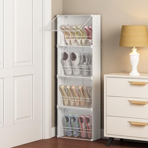 MAGINELS 4-Tier Slim Shoe Rack Organizer and Tall Storage for Closet,Hidden Thin Shoes Cabinet for Small Spaces,Narrow Shelves for Wall Behind Door,Entryway,White
