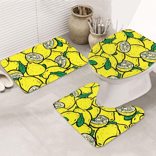 JCAKES 3-teiliges Badematten-Set in gelber Zitrone, U-förmig, WC-Bodenteppich, rutschfeste Unterlage, Badezimmerteppich-Set, 3-teilig, weiche Pads, Badematte + Wasseraufnahmekontur +