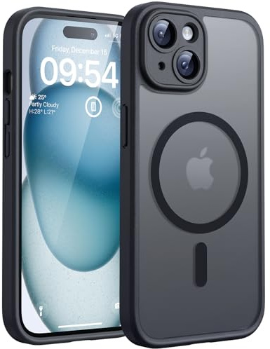 TOCOL für iPhone 15 Plus Hülle 6,7 Zoll, Kompatibel mit MagSafe, Vollständiger Kameraschutz, Eingebauter Magnetring, Stoßfest Kratzfest Transluzente Matt Handyhülle für iPhone 15 Plus Case, Schwarz