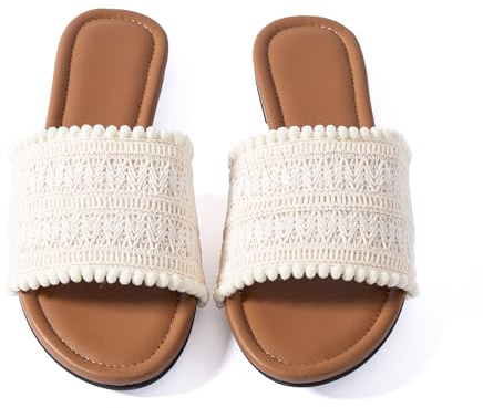 Mtzyoa Women Flat Sandals Beige Size 9 Cute Braided Leather Vacation Cute Bowtie Summer Casual Vacation Bohemian Ladies Leather Beach Comfy Champagne Slides