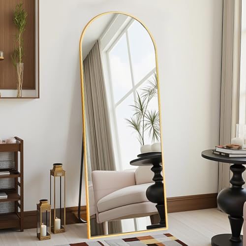 DMWOODFL 58x18 Arched Full Length Mirror - Floor Standing or Wall Mounted with Stand, Aluminum Frame & Shatter-Proof Glass, Gold Freestanding Mirror for Bedroom, Living Room, Entryway Decor