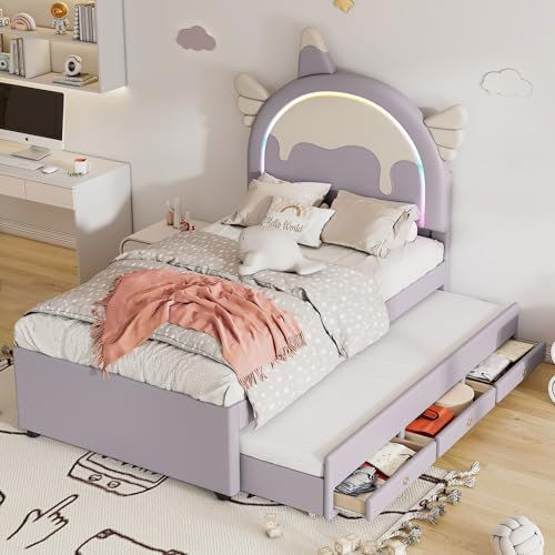 BXEYXE 90 x 200 cm Cuna de dibujos animados, forma de unicornio, equipada con cama enrollable extraíble, material de poliuretano, color morado