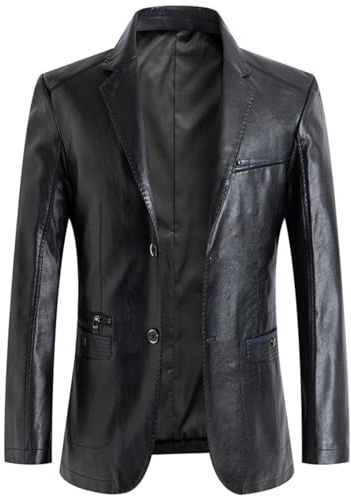 BXCZEDW Blazer de cuero para hombre, casual, con solapa, ajuste regular, chaqueta de 2 botones blazer con bolsillos, Negro, 4XL