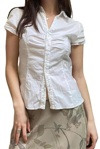 Women's Basic Button Down Blouse Shirts Short Sleeve V Neck Lapel Collar Tight Blouse Tie Up Back Slim Fit Tops Summer Office Shirt (White,S)