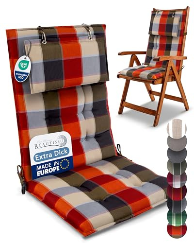 Beautissu 4er Set Premium Hochlehner Auflage Kopfpolster 120x50cm Sun-HL – 8cm Dick Polster Gartenstuhlauflage rutschfest Befestigungsbänder UV-Lichtechtheit 5 – Robust Stoff Orange Beige kariert